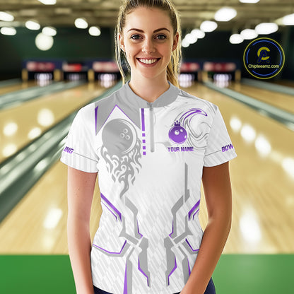 White And Purple Bowling Ball Crown Bowling Shirts For Women Custom Bowling League Team Jersey TDM7322