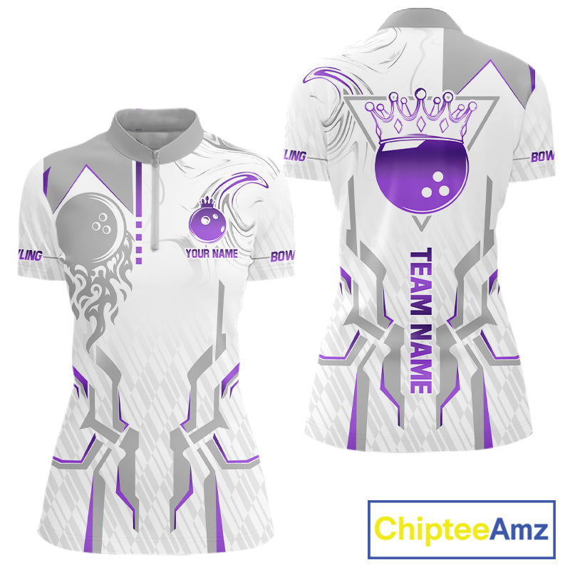 White And Purple Bowling Ball Crown Bowling Shirts For Women Custom Bowling League Team Jersey TDM7322