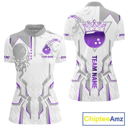 White And Purple Bowling Ball Crown Bowling Shirts For Women Custom Bowling League Team Jersey TDM7322