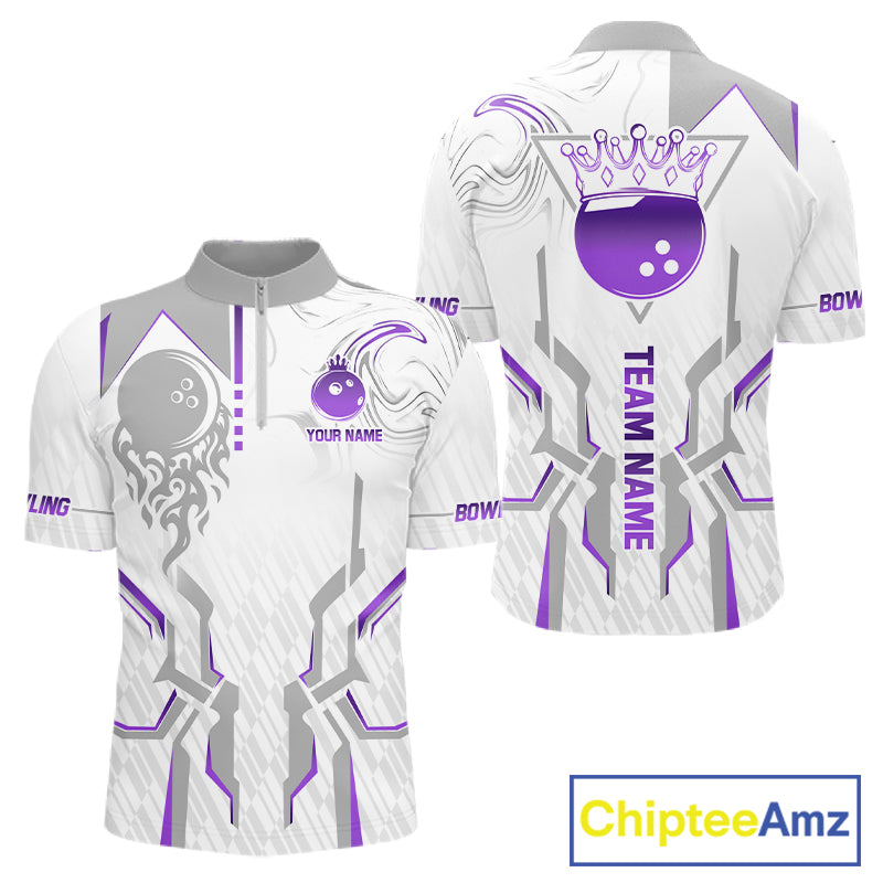 White And Purple Bowling Ball Crown Bowling Shirts For Men Custom Bowling League Team Jersey TDM7322