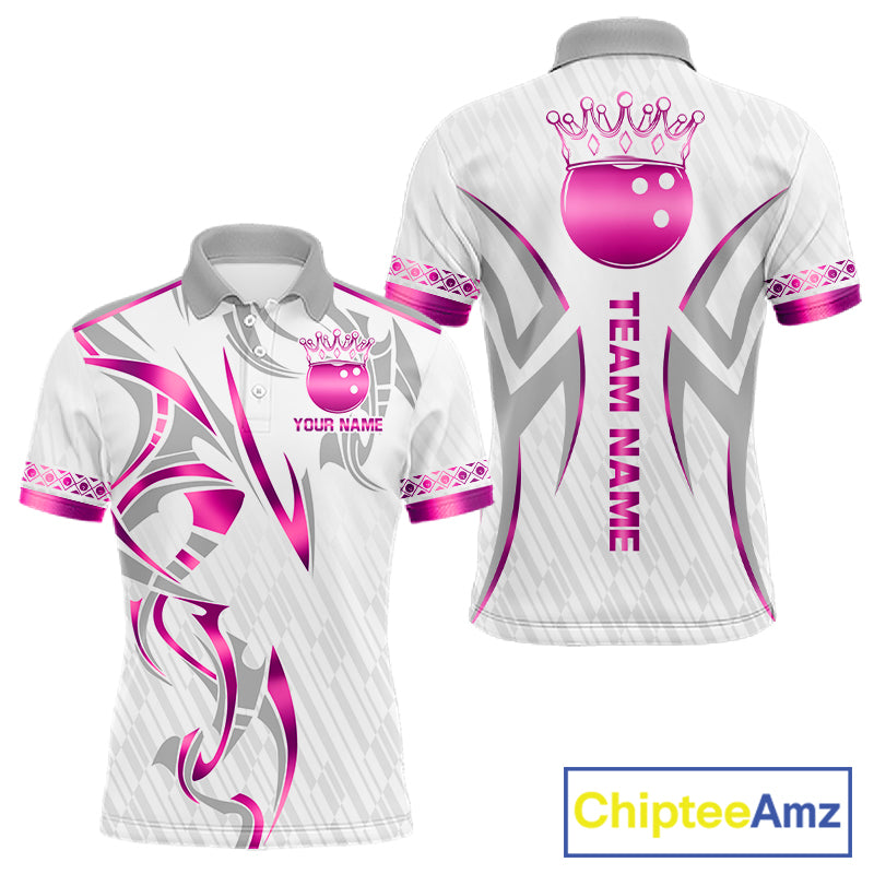 Custom Pink Bowling Ball Crown Bowling Shirt For Men, Bowling Team Jersey Polo & 1/4 Zip | White TDM7323