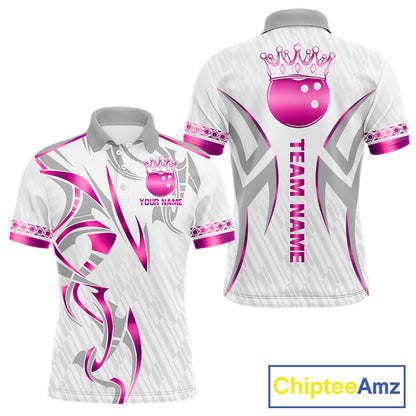 Custom Pink Bowling Ball Crown Bowling Shirt For Men, Bowling Team Jersey Polo & 1/4 Zip | White TDM7323