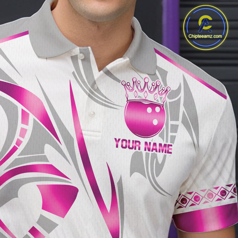 Custom Pink Bowling Ball Crown Bowling Shirt For Men, Bowling Team Jersey Polo & 1/4 Zip | White TDM7323
