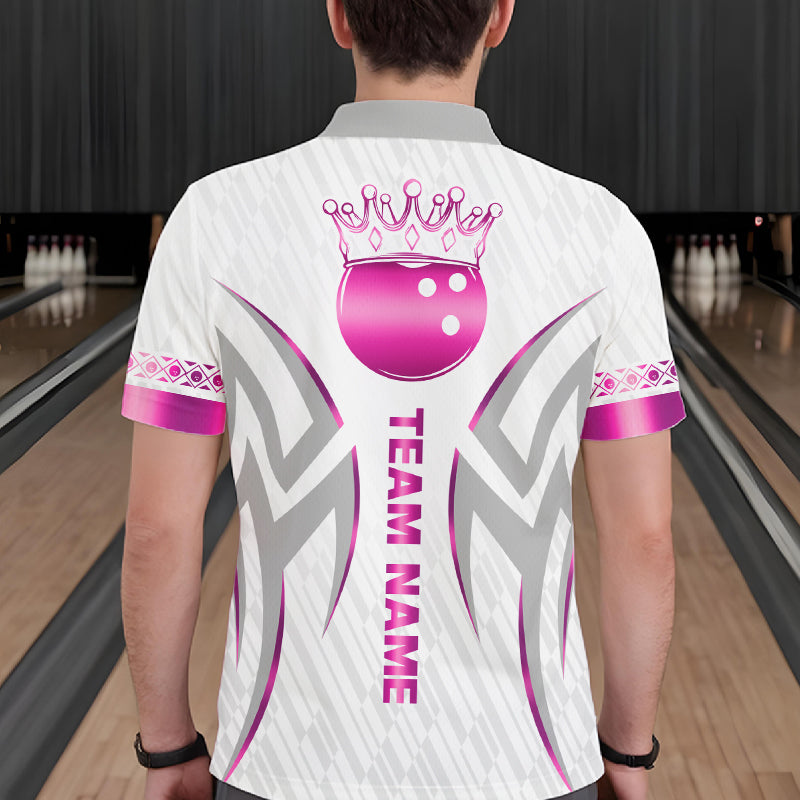 Custom Pink Bowling Ball Crown Bowling Shirt For Men, Bowling Team Jersey Polo & 1/4 Zip | White TDM7323