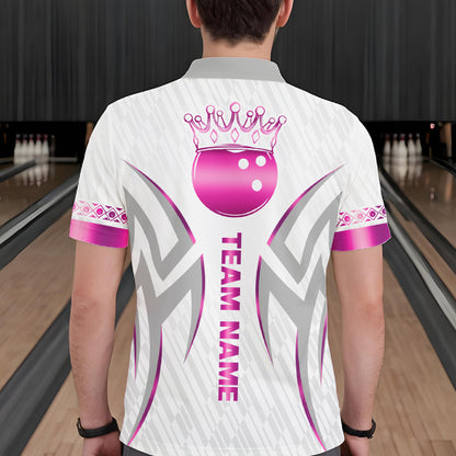Custom Pink Bowling Ball Crown Bowling Shirt For Men, Bowling Team Jersey Polo & 1/4 Zip | White TDM7323