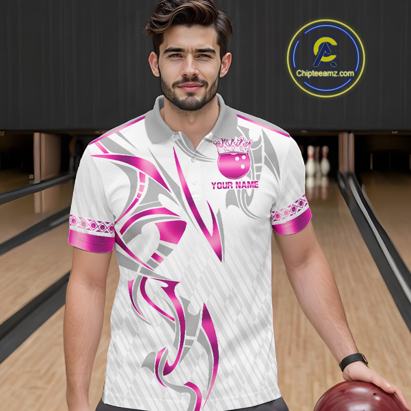 Custom Pink Bowling Ball Crown Bowling Shirt For Men, Bowling Team Jersey Polo & 1/4 Zip | White TDM7323