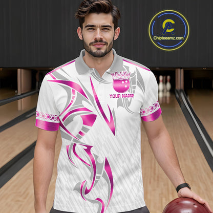 Custom Pink Bowling Ball Crown Bowling Shirt For Men, Bowling Team Jersey Polo & 1/4 Zip | White TDM7323