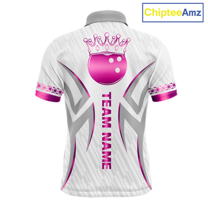 Custom Pink Bowling Ball Crown Bowling Shirt For Men, Bowling Team Jersey Polo & 1/4 Zip | White TDM7323