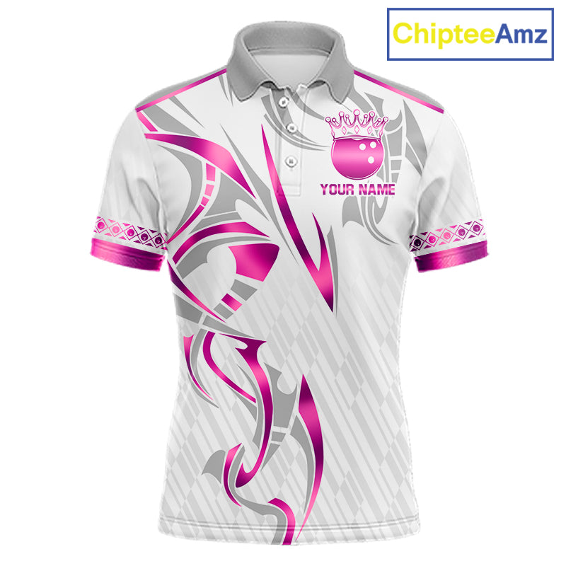 Custom Pink Bowling Ball Crown Bowling Shirt For Men, Bowling Team Jersey Polo & 1/4 Zip | White TDM7323