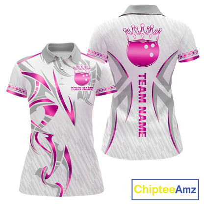 Custom Pink Bowling Ball Crown Bowling Shirt For Women, Bowling Team Jersey Polo & 1/4 Zip | White TDM7323
