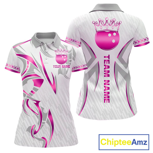 Custom Pink Bowling Ball Crown Bowling Shirt For Women, Bowling Team Jersey Polo & 1/4 Zip | White TDM7323