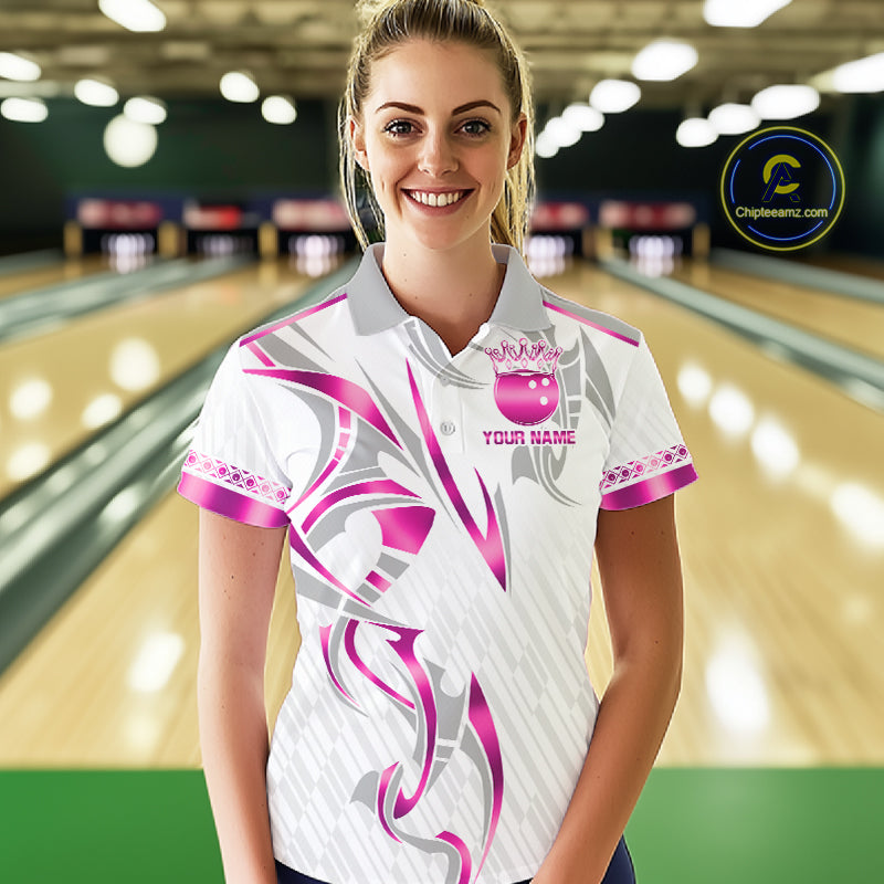 Custom Pink Bowling Ball Crown Bowling Shirt For Women, Bowling Team Jersey Polo & 1/4 Zip | White TDM7323