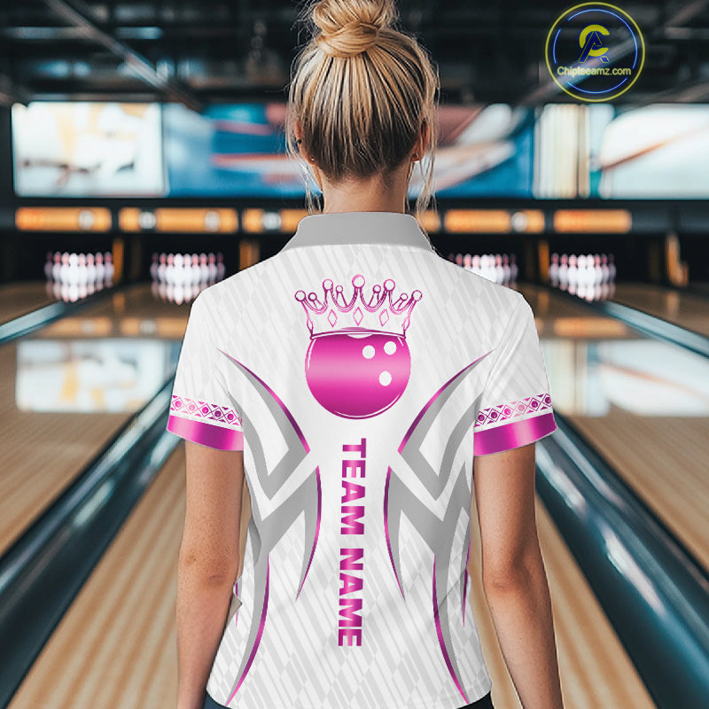 Custom Pink Bowling Ball Crown Bowling Shirt For Women, Bowling Team Jersey Polo & 1/4 Zip | White TDM7323