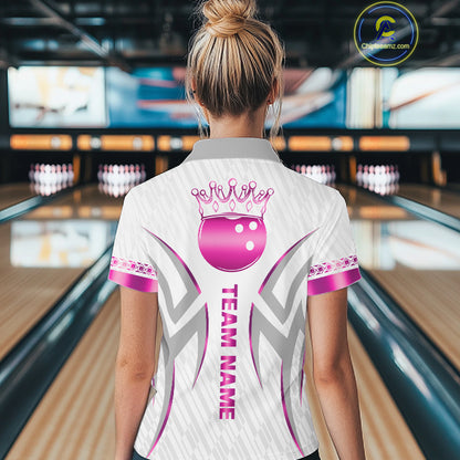 Custom Pink Bowling Ball Crown Bowling Shirt For Women, Bowling Team Jersey Polo & 1/4 Zip | White TDM7323