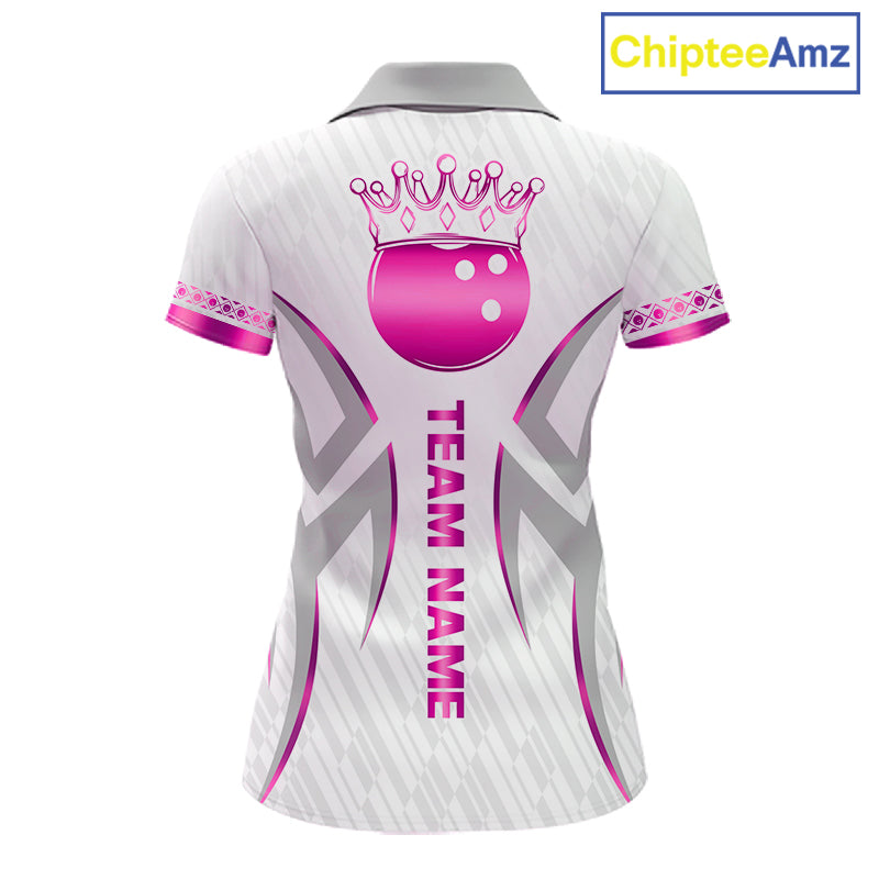 Custom Pink Bowling Ball Crown Bowling Shirt For Women, Bowling Team Jersey Polo & 1/4 Zip | White TDM7323