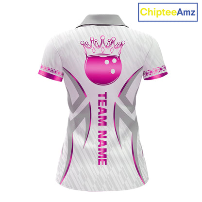 Custom Pink Bowling Ball Crown Bowling Shirt For Women, Bowling Team Jersey Polo & 1/4 Zip | White TDM7323