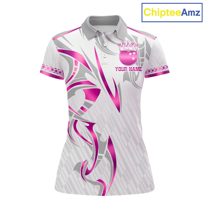 Custom Pink Bowling Ball Crown Bowling Shirt For Women, Bowling Team Jersey Polo & 1/4 Zip | White TDM7323