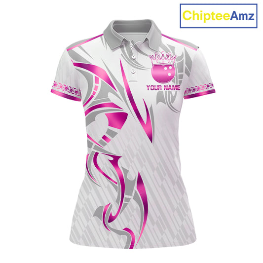 Custom Pink Bowling Ball Crown Bowling Shirt For Women, Bowling Team Jersey Polo & 1/4 Zip | White TDM7323