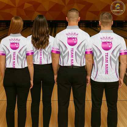 Custom Pink Bowling Ball Crown Bowling Shirt For Women, Bowling Team Jersey Polo & 1/4 Zip | White TDM7323