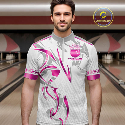 Custom Pink Bowling Ball Crown Bowling Shirt For Men, Bowling Team Jersey Polo & 1/4 Zip | White TDM7323