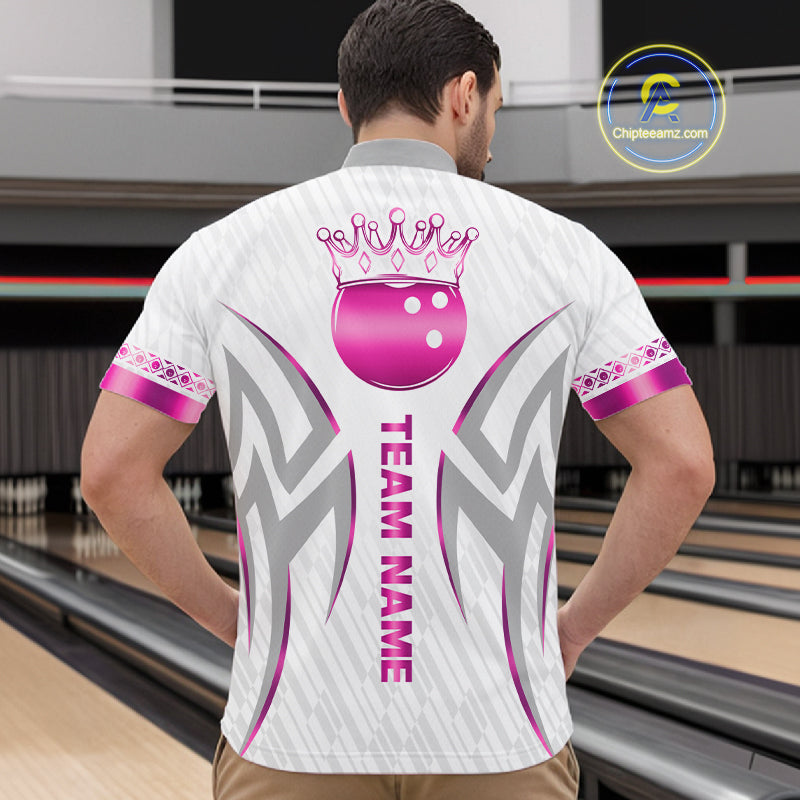 Custom Pink Bowling Ball Crown Bowling Shirt For Men, Bowling Team Jersey Polo & 1/4 Zip | White TDM7323