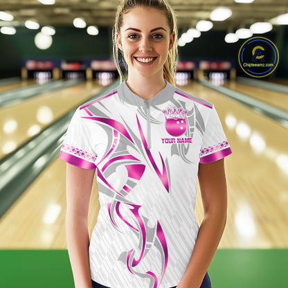 Custom Pink Bowling Ball Crown Bowling Shirt For Women, Bowling Team Jersey Polo & 1/4 Zip | White TDM7323