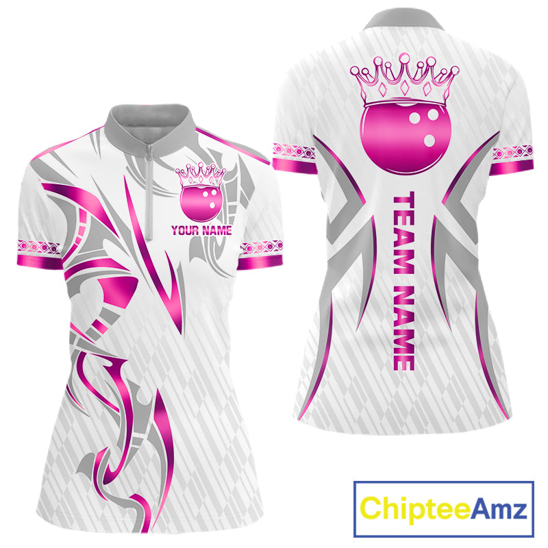 Custom Pink Bowling Ball Crown Bowling Shirt For Women, Bowling Team Jersey Polo & 1/4 Zip | White TDM7323