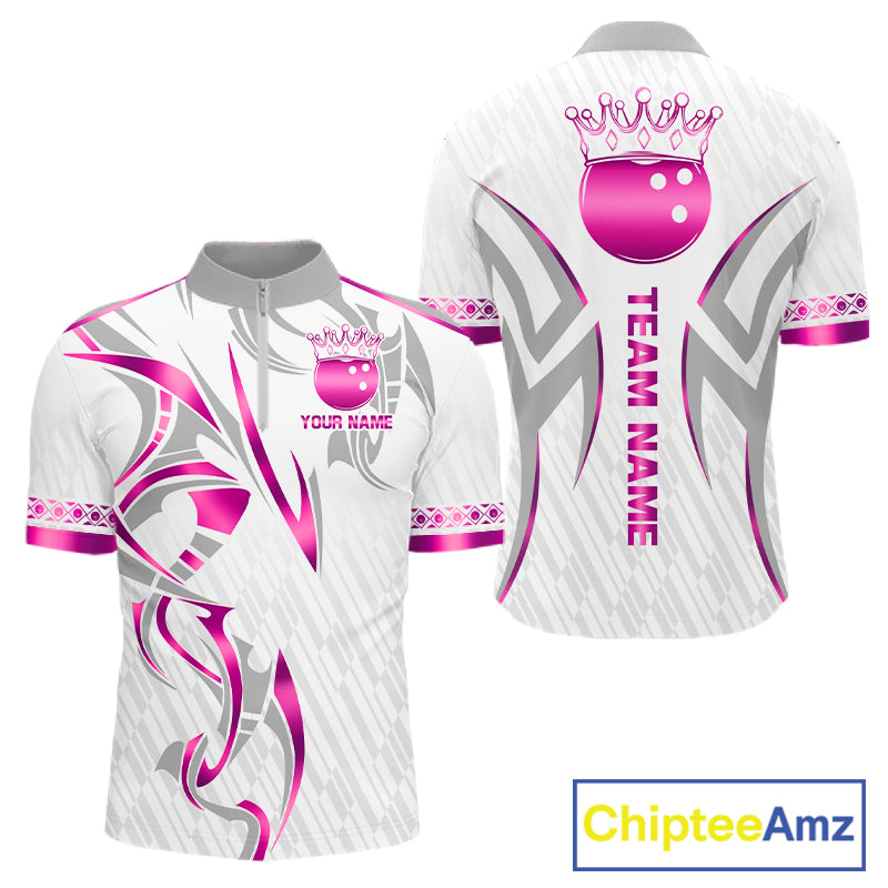 Custom Pink Bowling Ball Crown Bowling Shirt For Men, Bowling Team Jersey Polo & 1/4 Zip | White TDM7323