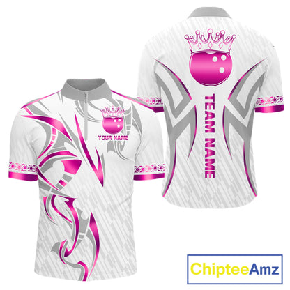 Custom Pink Bowling Ball Crown Bowling Shirt For Men, Bowling Team Jersey Polo & 1/4 Zip | White TDM7323