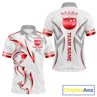 Custom Red Bowling Ball Crown Bowling Shirt For Men, Bowling Team Jersey Polo & 1/4 Zip | White TDM7324