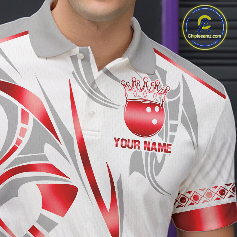 Custom Red Bowling Ball Crown Bowling Shirt For Men, Bowling Team Jersey Polo & 1/4 Zip | White TDM7324