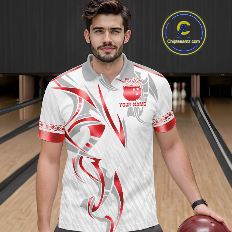 Custom Red Bowling Ball Crown Bowling Shirt For Men, Bowling Team Jersey Polo & 1/4 Zip | White TDM7324