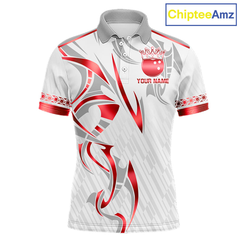 Custom Red Bowling Ball Crown Bowling Shirt For Men, Bowling Team Jersey Polo & 1/4 Zip | White TDM7324