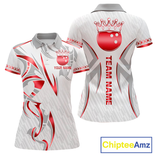 Custom Red Bowling Ball Crown Bowling Shirt For Women, Bowling Team Jersey Polo & 1/4 Zip | White TDM7324