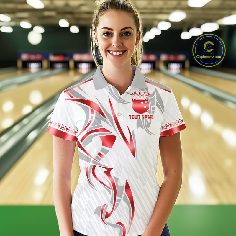 Custom Red Bowling Ball Crown Bowling Shirt For Women, Bowling Team Jersey Polo & 1/4 Zip | White TDM7324