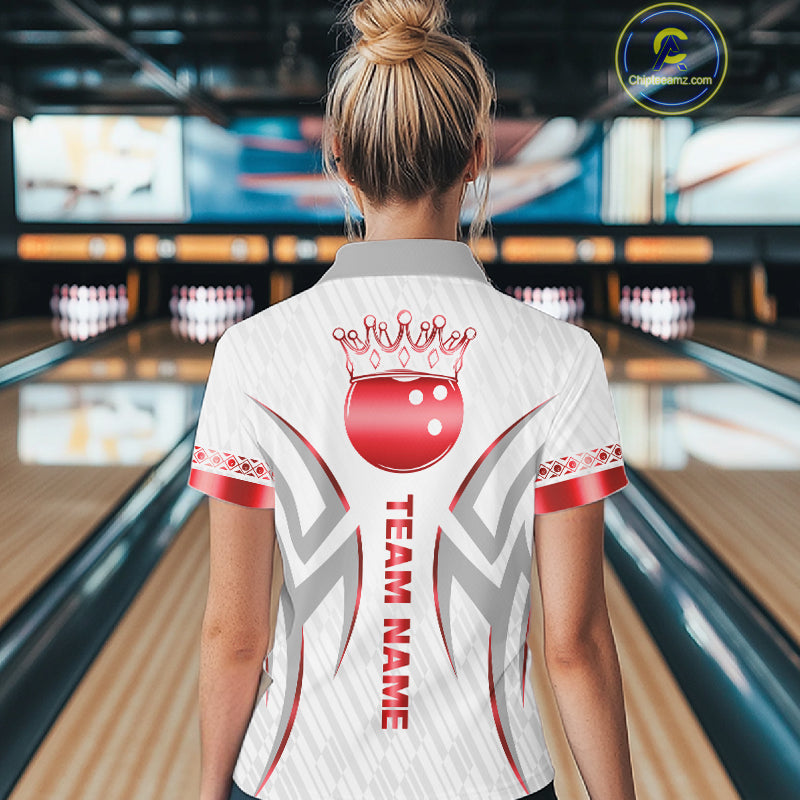 Custom Red Bowling Ball Crown Bowling Shirt For Women, Bowling Team Jersey Polo & 1/4 Zip | White TDM7324
