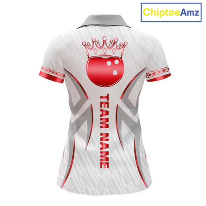 Custom Red Bowling Ball Crown Bowling Shirt For Women, Bowling Team Jersey Polo & 1/4 Zip | White TDM7324