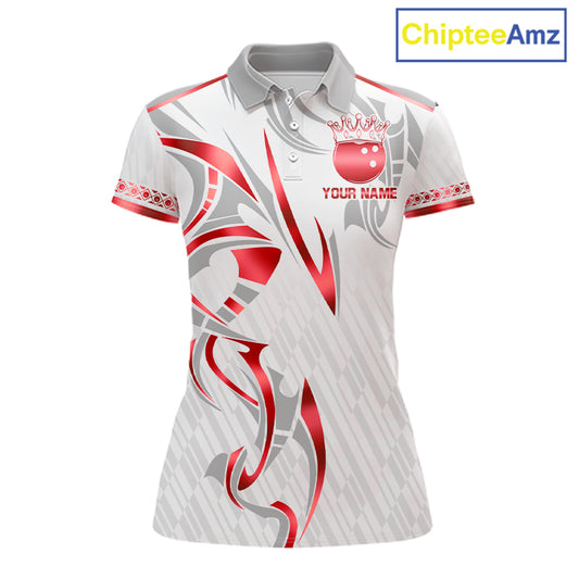 Custom Red Bowling Ball Crown Bowling Shirt For Women, Bowling Team Jersey Polo & 1/4 Zip | White TDM7324