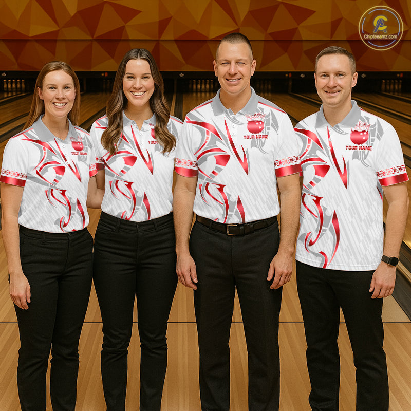 Custom Red Bowling Ball Crown Bowling Shirt For Women, Bowling Team Jersey Polo & 1/4 Zip | White TDM7324