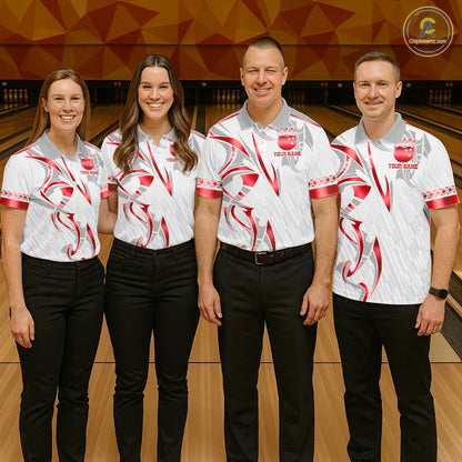 Custom Red Bowling Ball Crown Bowling Shirt For Women, Bowling Team Jersey Polo & 1/4 Zip | White TDM7324