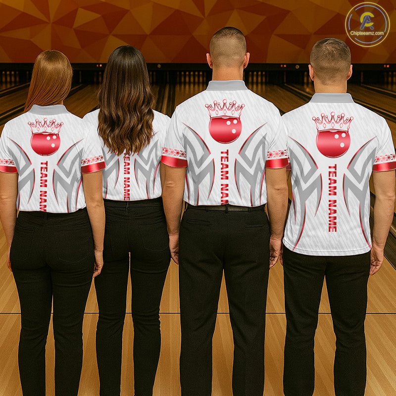 Custom Red Bowling Ball Crown Bowling Shirt For Women, Bowling Team Jersey Polo & 1/4 Zip | White TDM7324