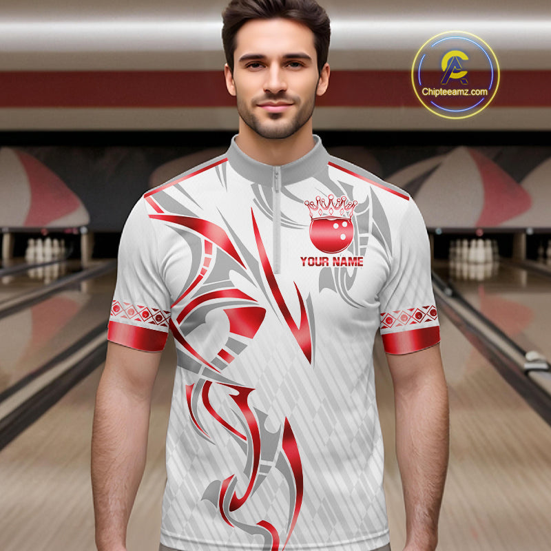 Custom Red Bowling Ball Crown Bowling Shirt For Men, Bowling Team Jersey Polo & 1/4 Zip | White TDM7324