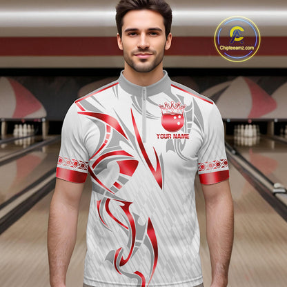 Custom Red Bowling Ball Crown Bowling Shirt For Men, Bowling Team Jersey Polo & 1/4 Zip | White TDM7324