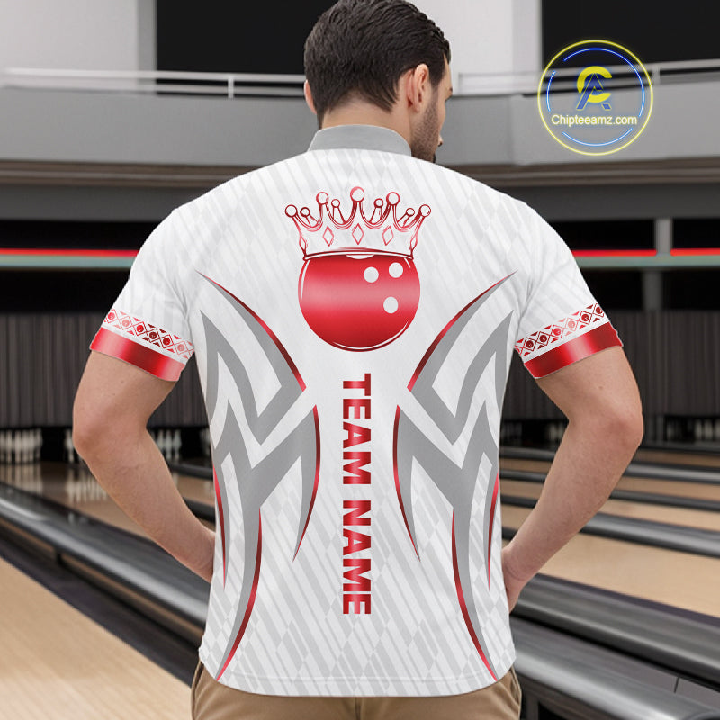 Custom Red Bowling Ball Crown Bowling Shirt For Men, Bowling Team Jersey Polo & 1/4 Zip | White TDM7324