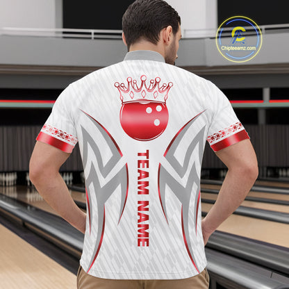Custom Red Bowling Ball Crown Bowling Shirt For Men, Bowling Team Jersey Polo & 1/4 Zip | White TDM7324