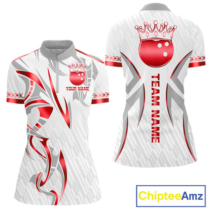 Custom Red Bowling Ball Crown Bowling Shirt For Women, Bowling Team Jersey Polo & 1/4 Zip | White TDM7324