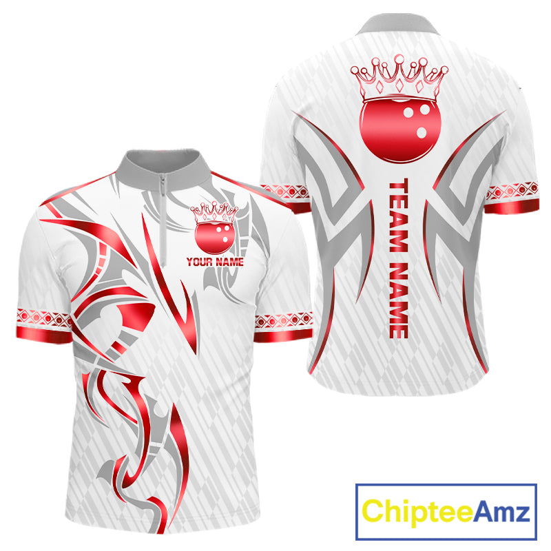 Custom Red Bowling Ball Crown Bowling Shirt For Men, Bowling Team Jersey Polo & 1/4 Zip | White TDM7324