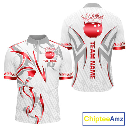 Custom Red Bowling Ball Crown Bowling Shirt For Men, Bowling Team Jersey Polo & 1/4 Zip | White TDM7324