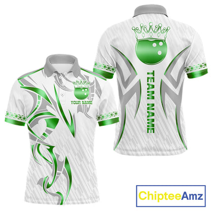 Custom Green Bowling Ball Crown Bowling Shirt For Men, Bowling Team Jersey Polo & 1/4 Zip | White TDM7325