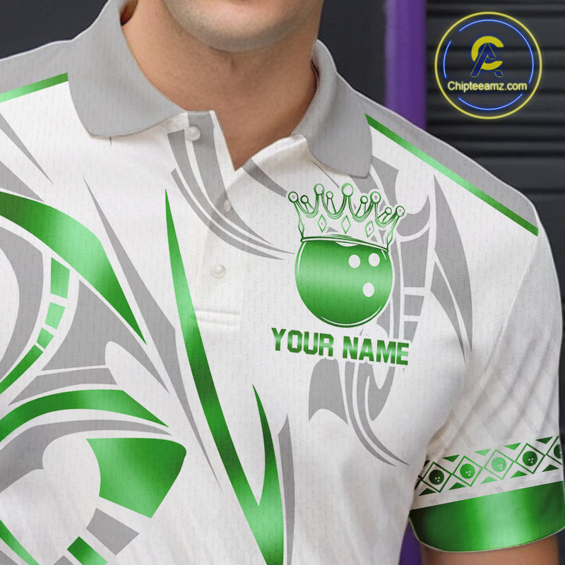 Custom Green Bowling Ball Crown Bowling Shirt For Men, Bowling Team Jersey Polo & 1/4 Zip | White TDM7325